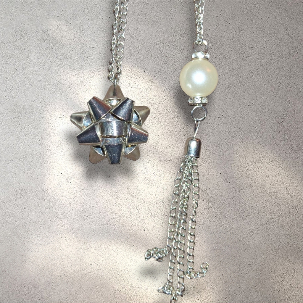 2 Silvertone W 3d Ribbon Bow (Signed) & Faux Pearl Tassel Necklace